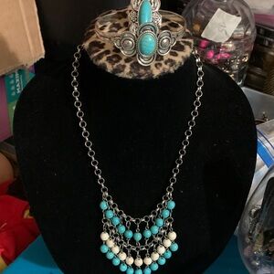 3-piece Chic Turquoise and Silver Necklace, Stretch Ring & Cuff Bracelet Set